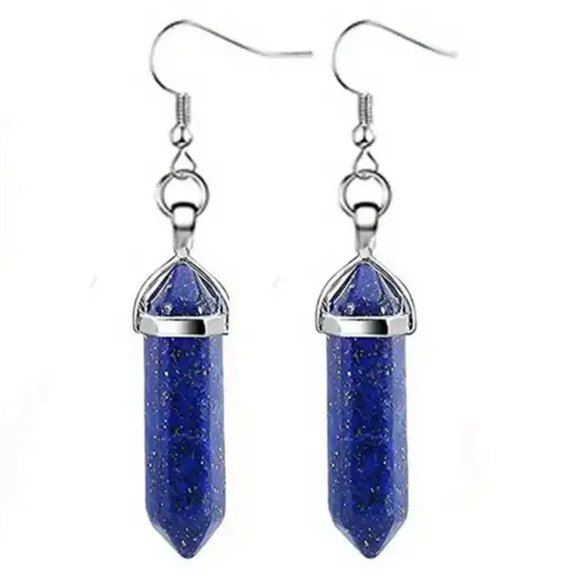 Lapis Lazuli Natural Stone Gemstone Handmade Hexagon Point Dangle Earrings - Picture 1 of 2